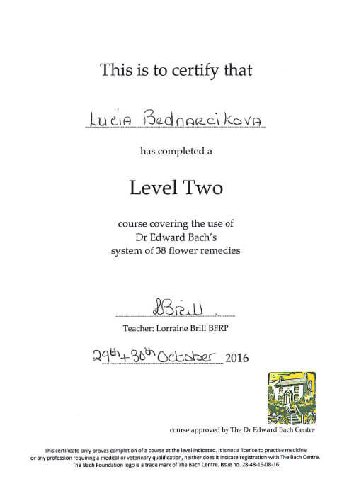 Certifikát Level 2 Bachova terapia 38 esencií
